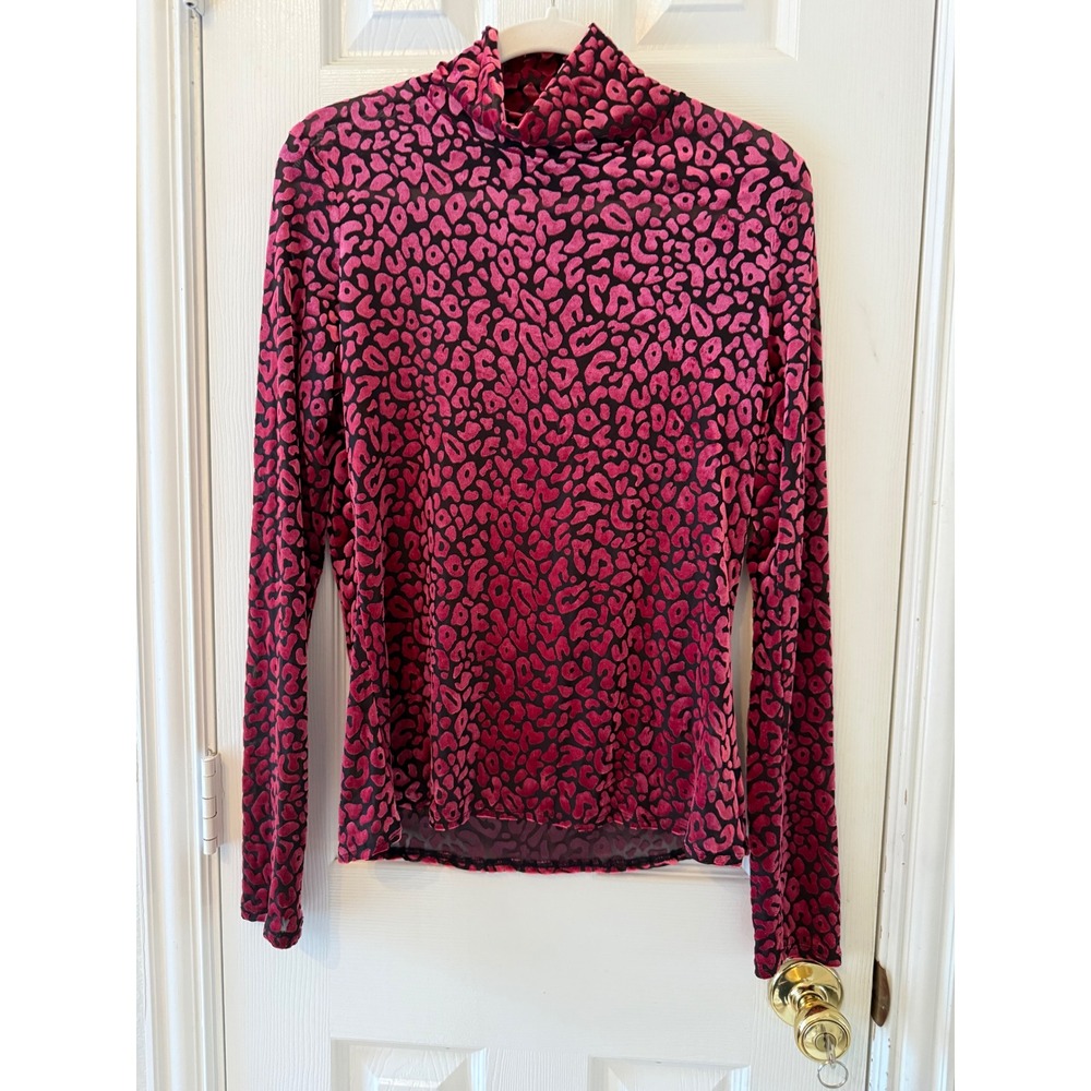 Rachel Roy XL Pink Leopard Burnout Mesh Mock Neck Top Y2K Sheer Stretch